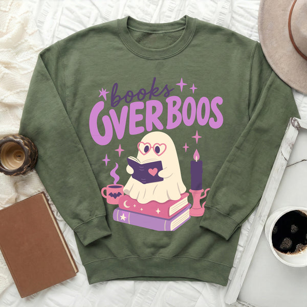 Books Over Boos Ghost Sweatshirt in Military Green