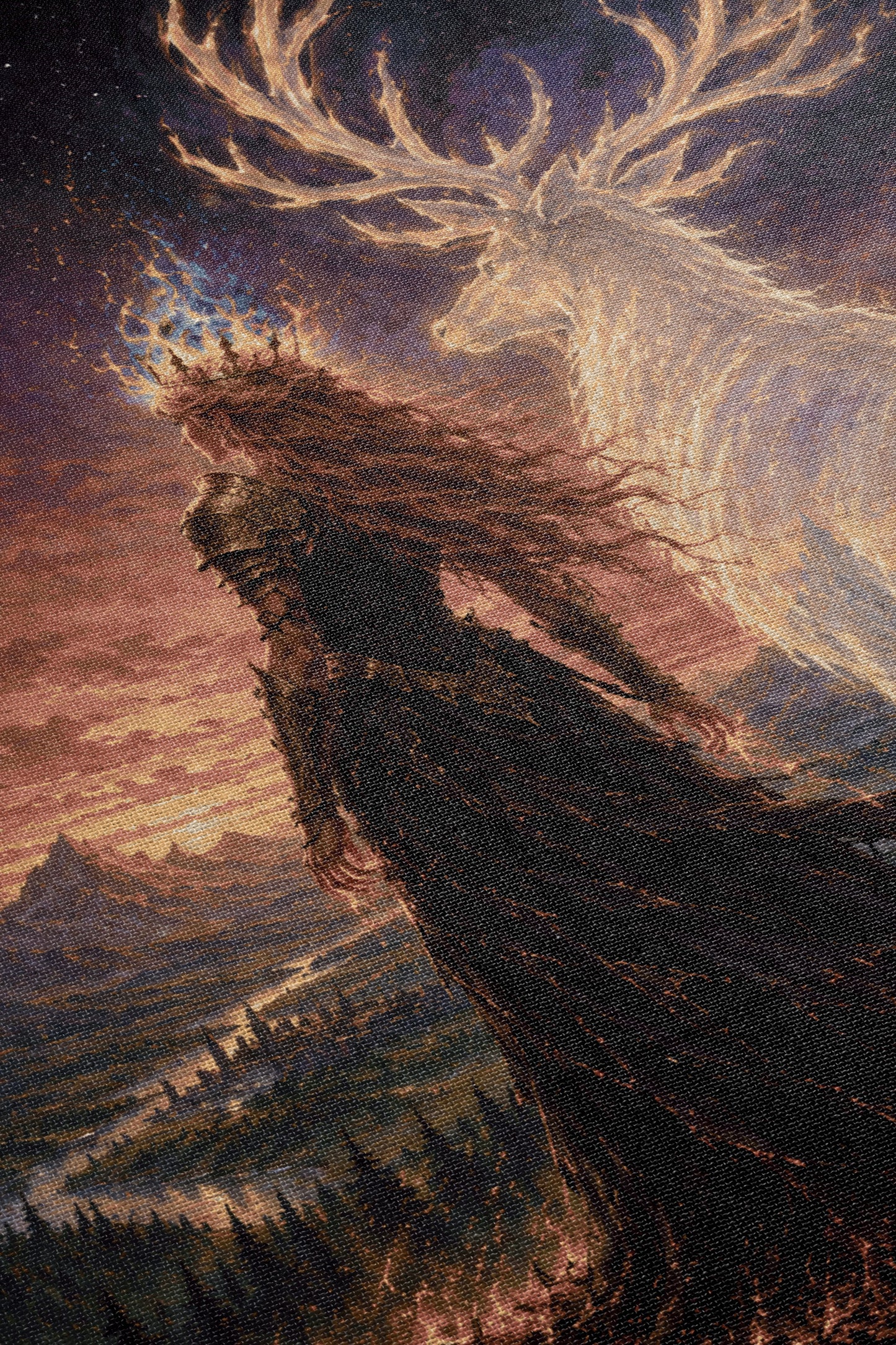 a woman with long hair standing in a forest, with a large white deer-like creature behind her. The sky is filled with clouds, creating a dramatic and mystical atmosphere.