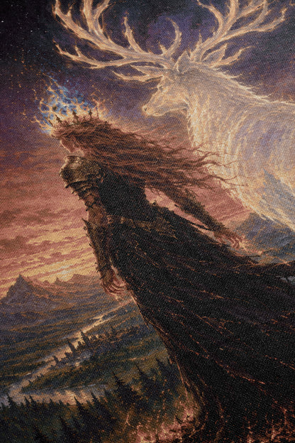 a woman with long hair standing in a forest, with a large white deer-like creature behind her. The sky is filled with clouds, creating a dramatic and mystical atmosphere.