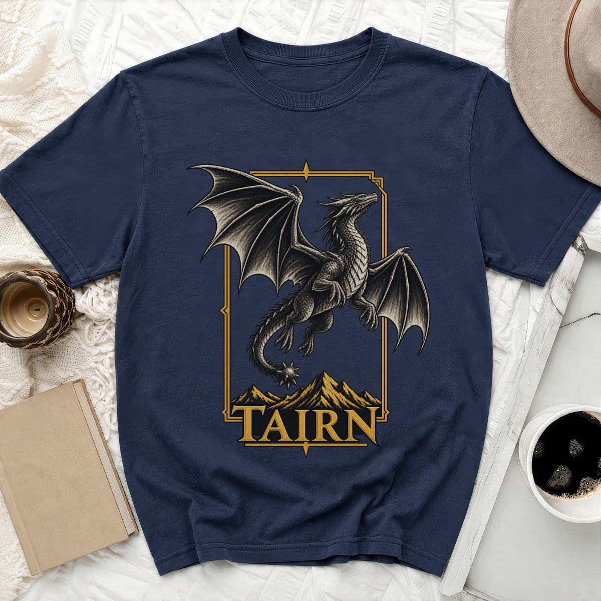 Navy t-shirt with a dragon graphic and the text "TAIRN"