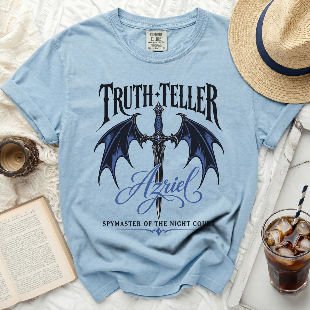 Light blue t-shirt with "TRUTH-TELLER Azriel SPYMASTER OF THE NIGHT COURT" text and design.