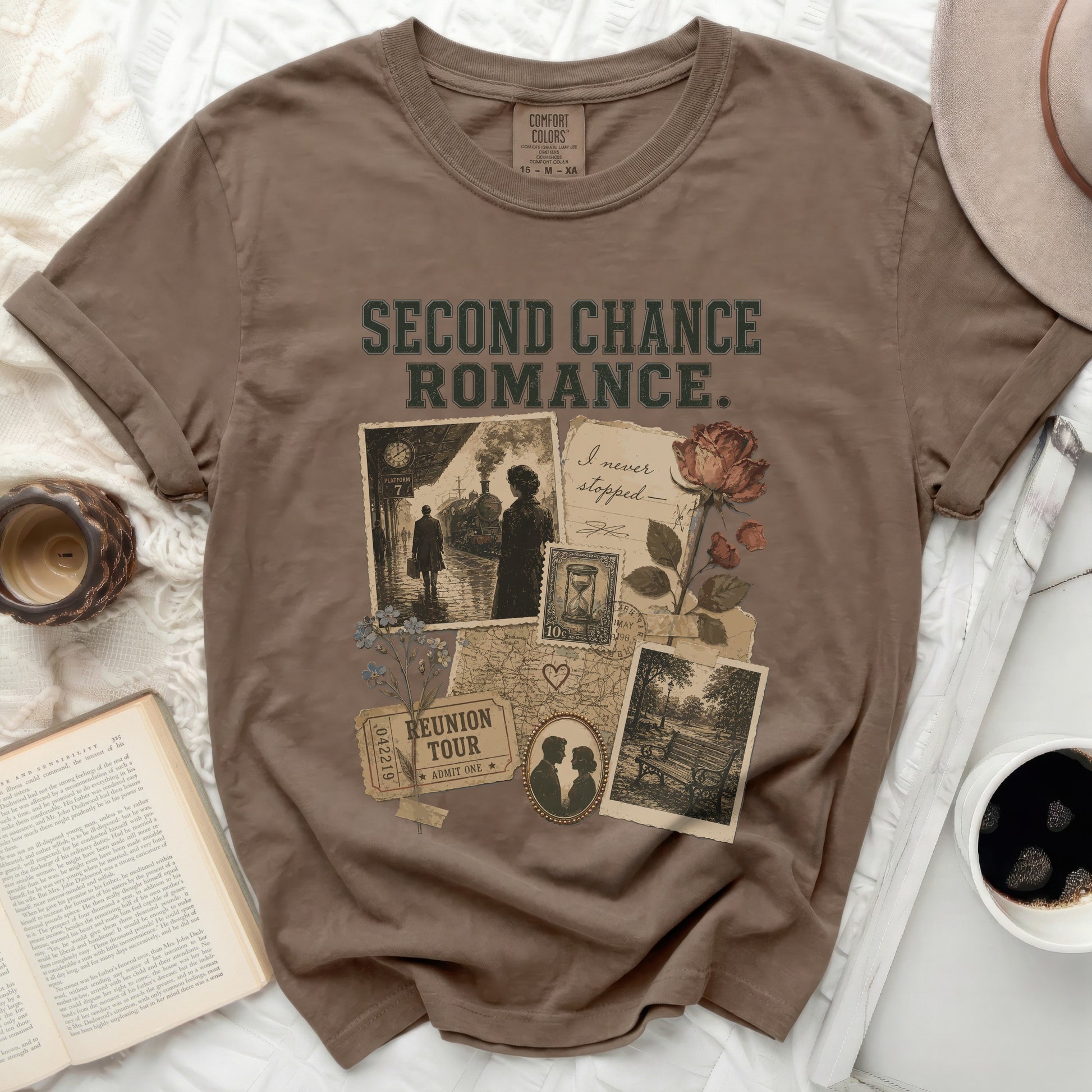 T-shirt with "Second Chance Romance" and collage of vintage postcards and stamps.