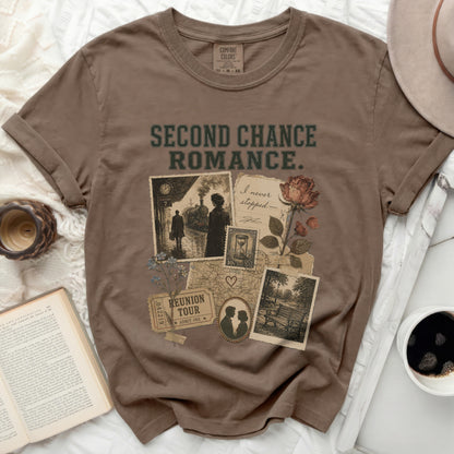 T-shirt with "Second Chance Romance" and collage of vintage postcards and stamps.
