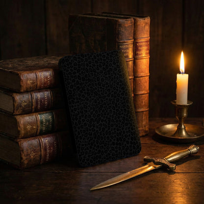 Black leopard print case leaning against stack of old fantasy books by candlelight.