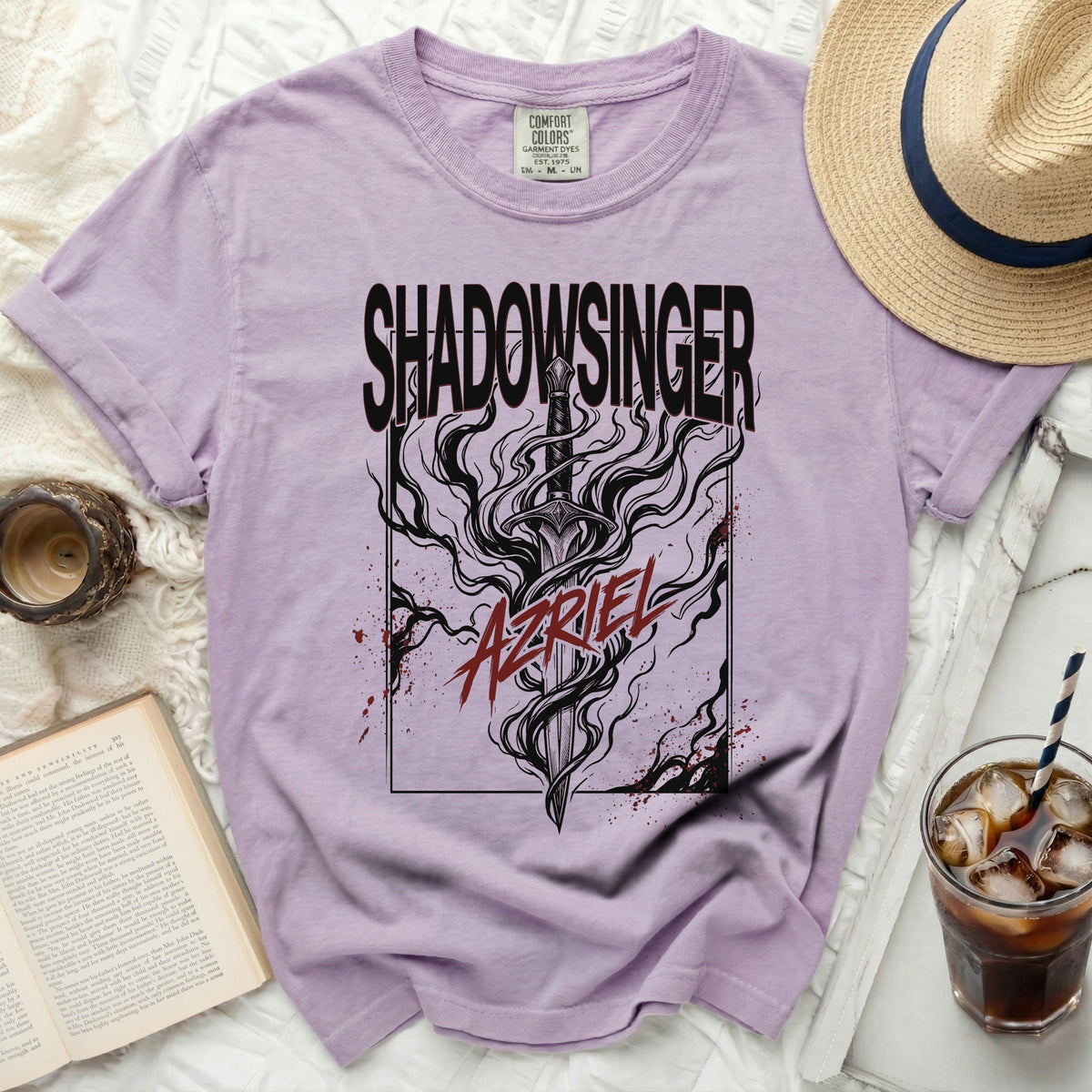 Purple t-shirt with black and red Shadowsinger and Azriel sword graphic.