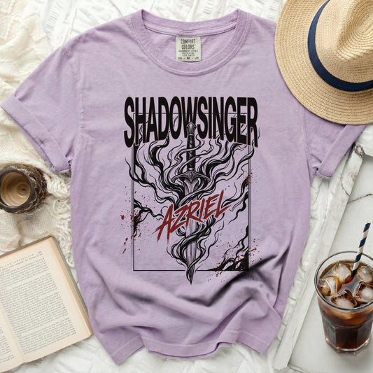 Purple t-shirt with black and red Shadowsinger and Azriel sword graphic.