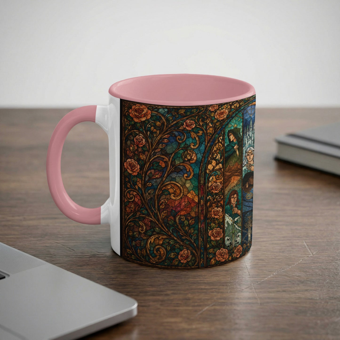 Mug with stained glass design of roses and four characters.
