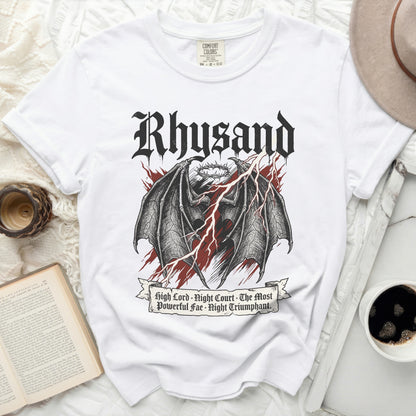 White Comfort Colors t-shirt with Rhysand, bat wings, crown, and text.