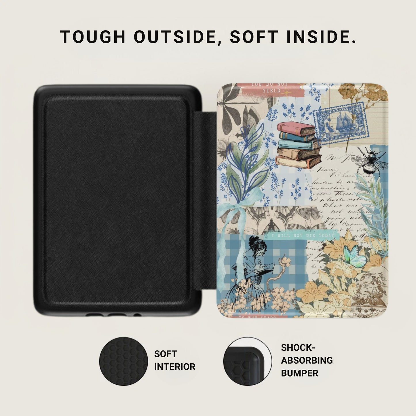 Black textured e-reader case open to show decorative interior with books, butterflies, and woman reading.