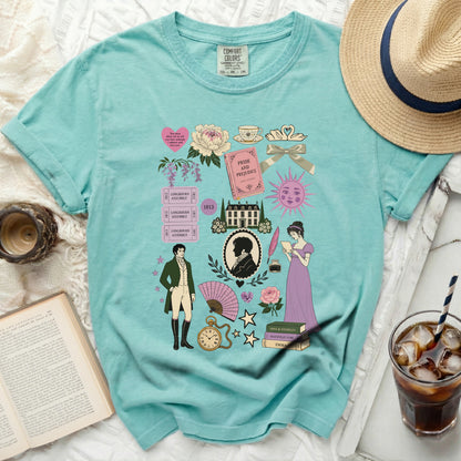Teal t-shirt with Jane Austen book illustrations and characters.