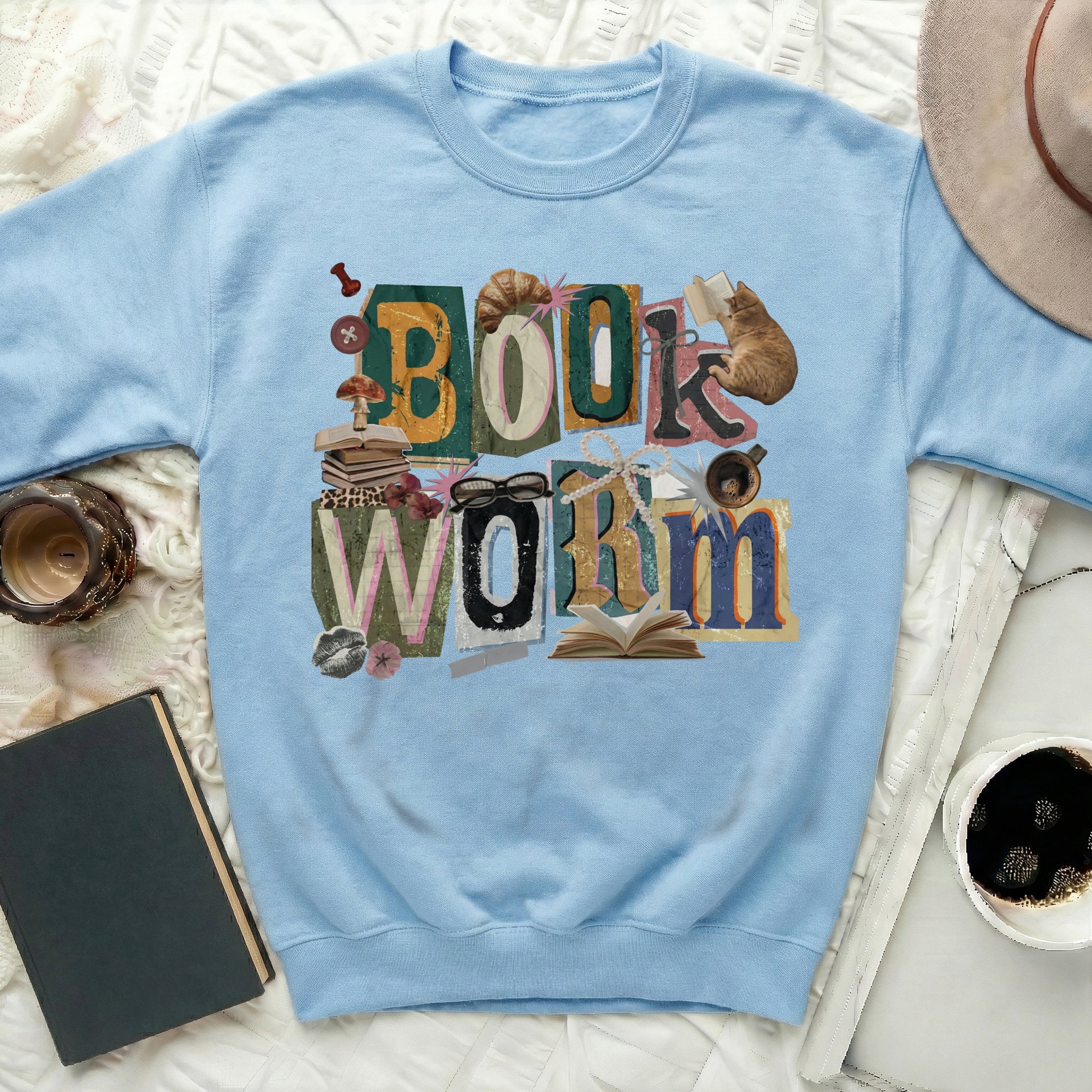 Stylish Bookworm Design Blue Graphic Sweatshirt