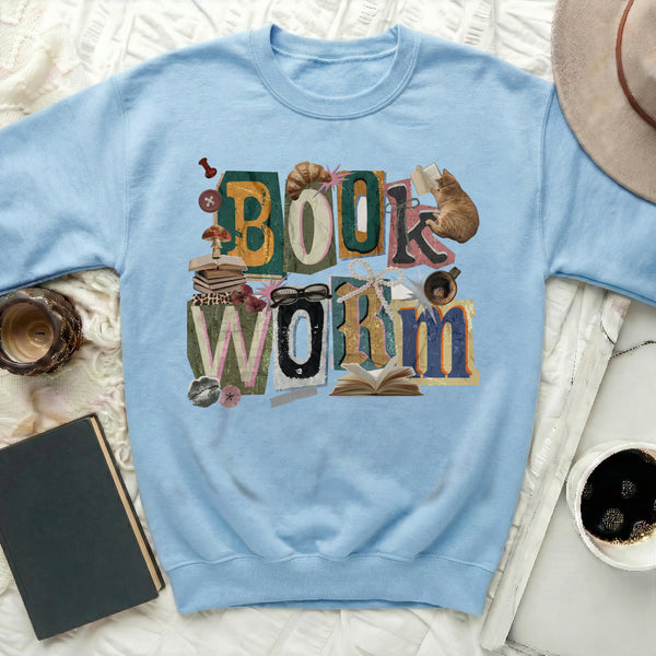 Book Worm Collage Sweatshirt in Light Blue