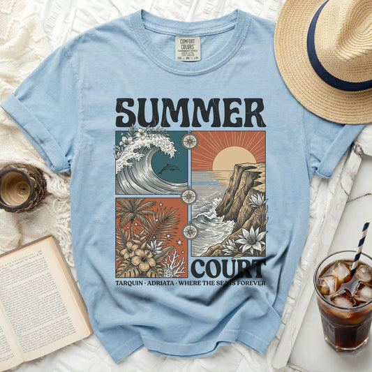 Light blue t-shirt with "SUMMER COURT" and four-panel beach scene.
