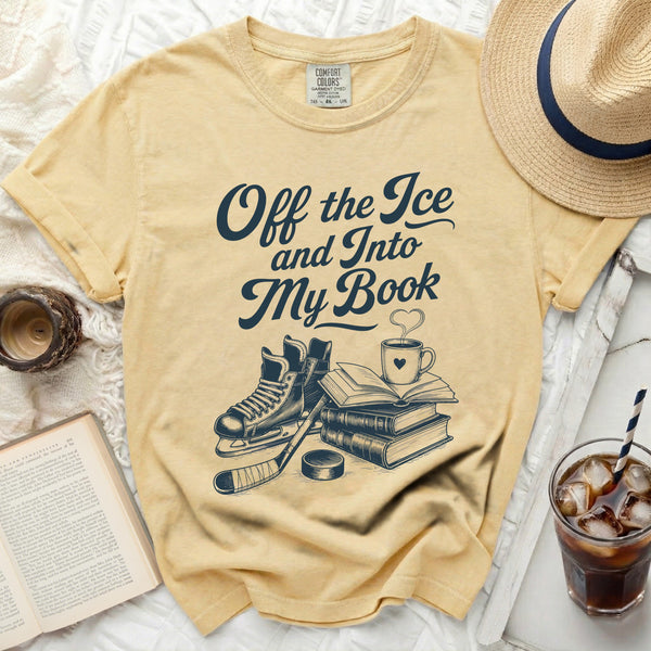 Off the Ice & Into My Book Hockey Reader Tee in Butter