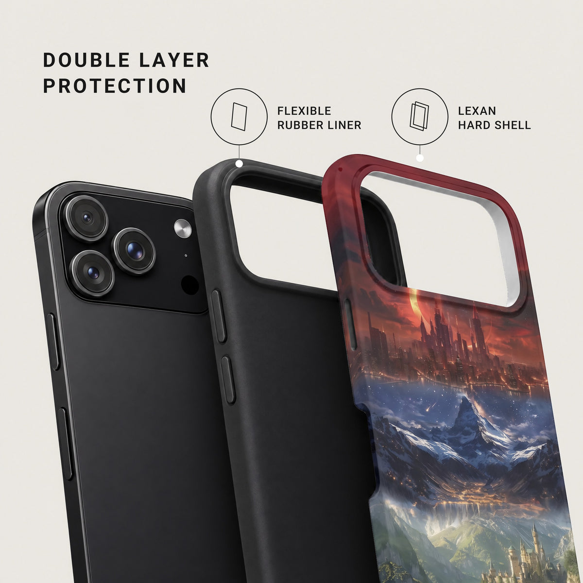 Exploded view of a phone case showing a black rubber liner and a printed hard shell.