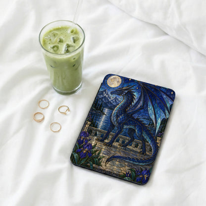 Tablet case with a blue dragon against a moonlit landscape with mountains and lake.