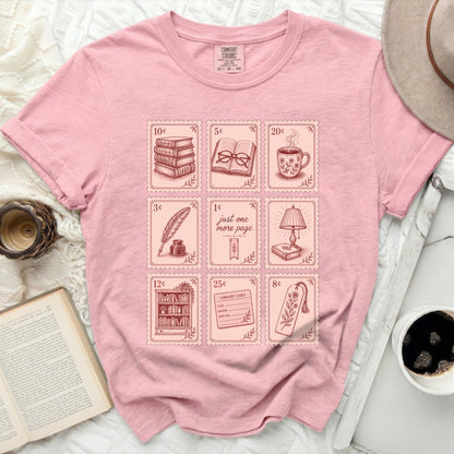 Pink t-shirt with vintage library stamp graphics and prices.