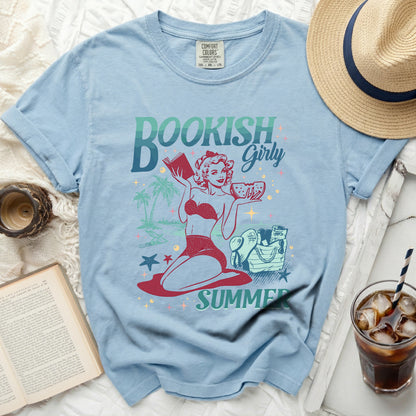 Light blue t-shirt with "Bookish Girly Summer" graphic and pin-up.