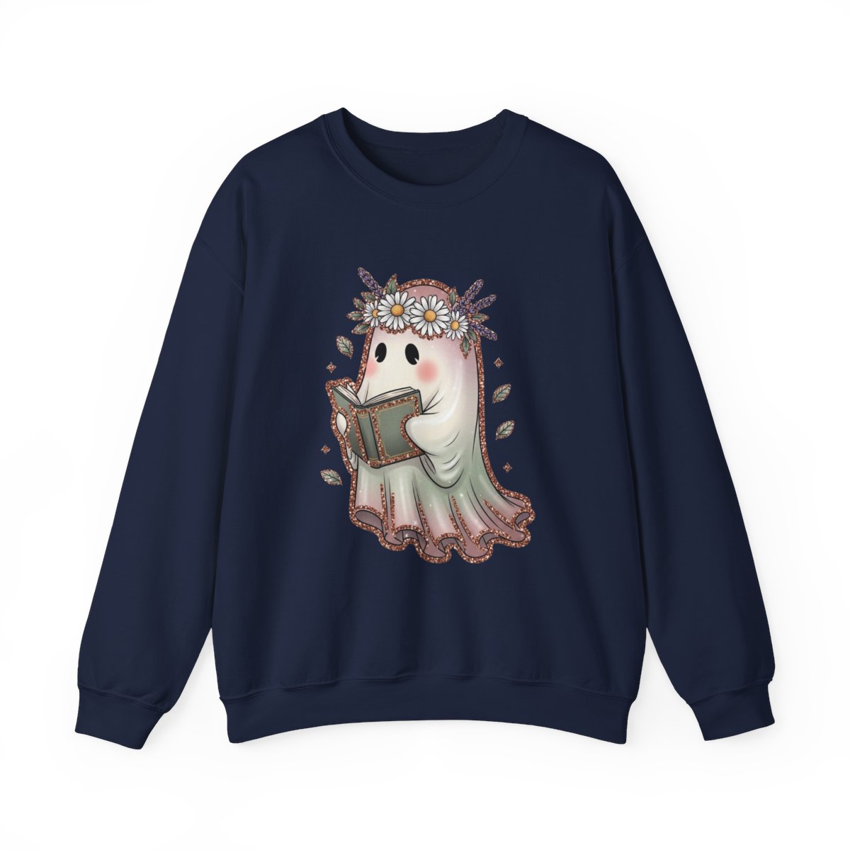 Cute Ghost Reading a Book with Flower Crown Graphic Sweatshirt - MagicMerchEmporium