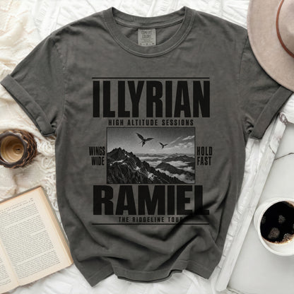 Dark grey t-shirt with "ILLYRIAN HIGH ALTITUDE SESSIONS" and "RAMIEL THE RIDGELINE TOUR" text.