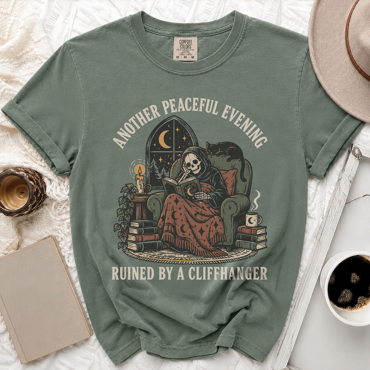 Grim reaper reading a book, with text "Another Peaceful Evening Ruined By A Cliffhanger".