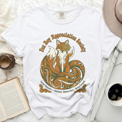 White t-shirt with "Fox Boy Appreciation Society" text and a stylized fox graphic.
