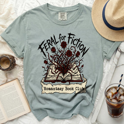 Feral for Fiction Romantasy Book Club graphic tee.