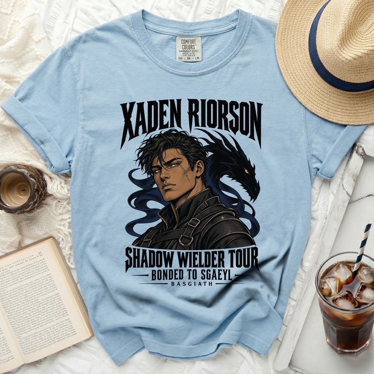 Light blue t-shirt with Xaden Riorson and dragon graphic.