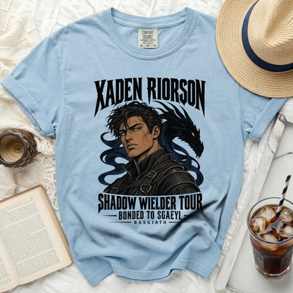 Light blue t-shirt with Xaden Riorson and dragon graphic.