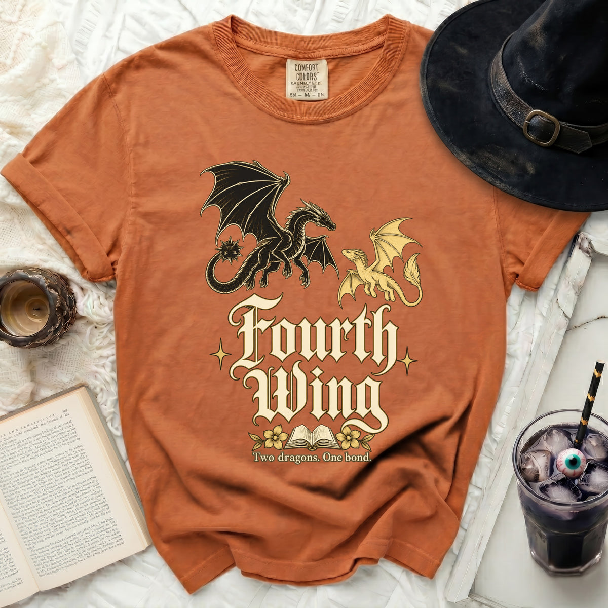 Orange t-shirt with black and gold dragons and "Fourth Wing" text.