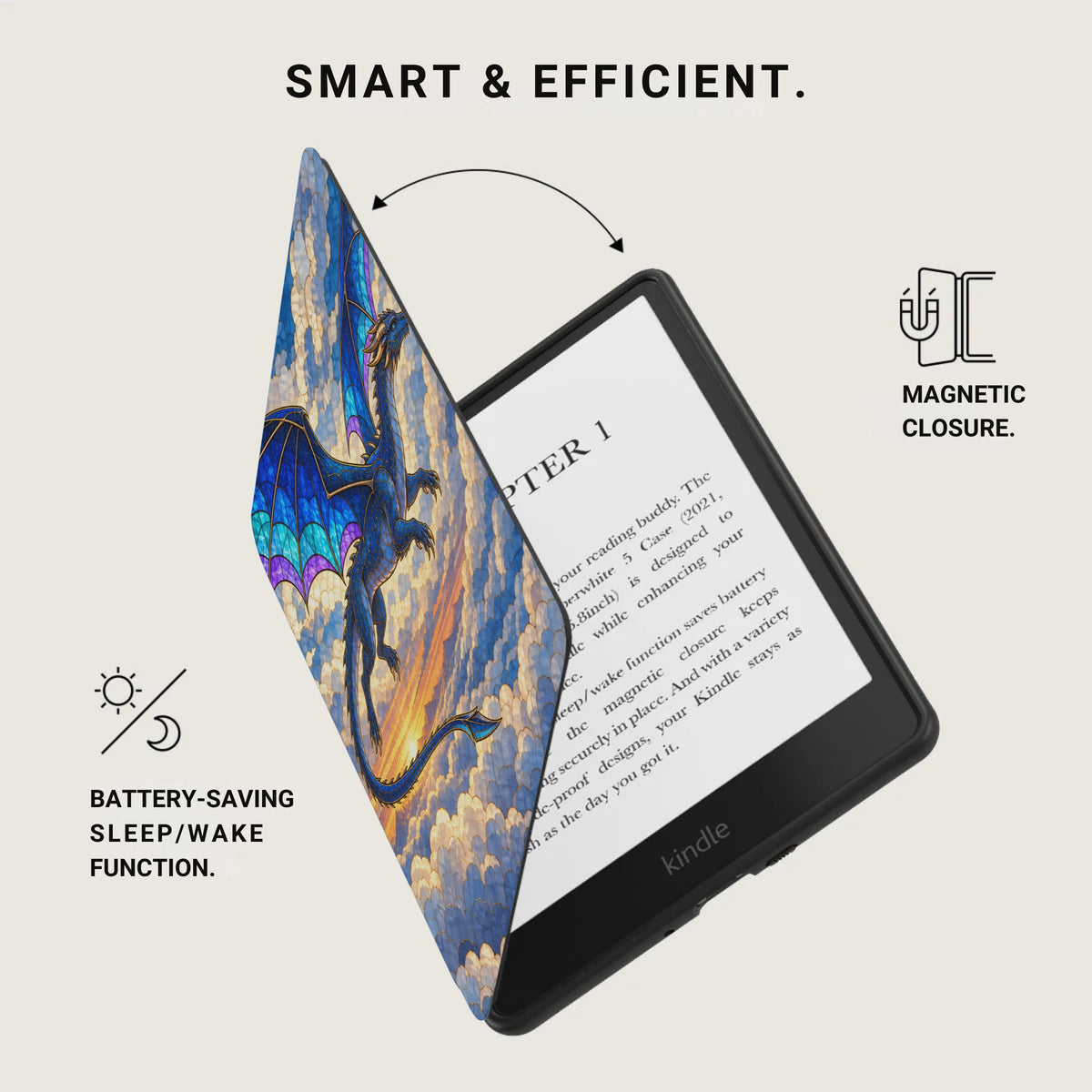 Kindle with a blue dragon case, magnetic closure, and battery-saving function.