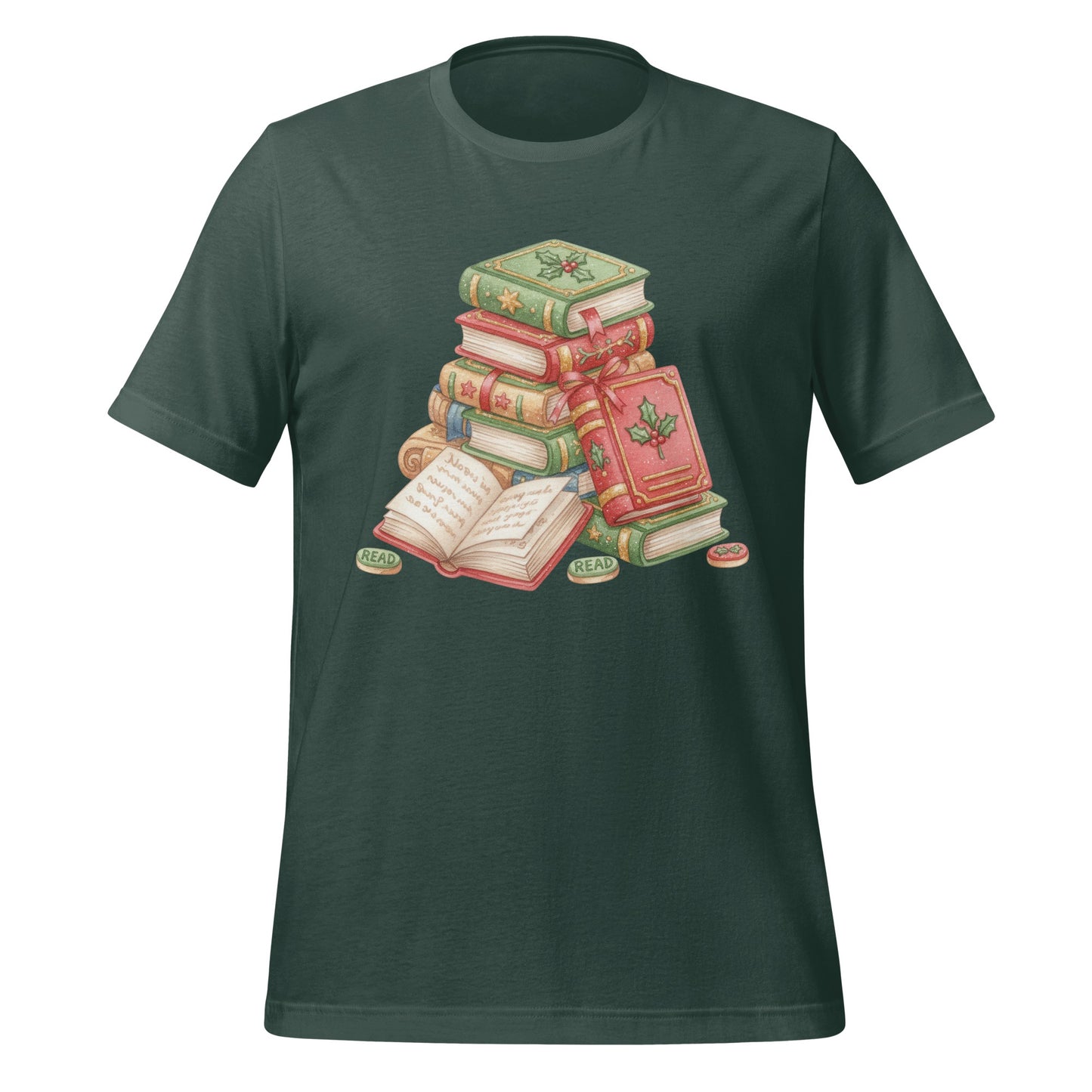 Vintage Books Graphic Design on Dark Green T-Shirt