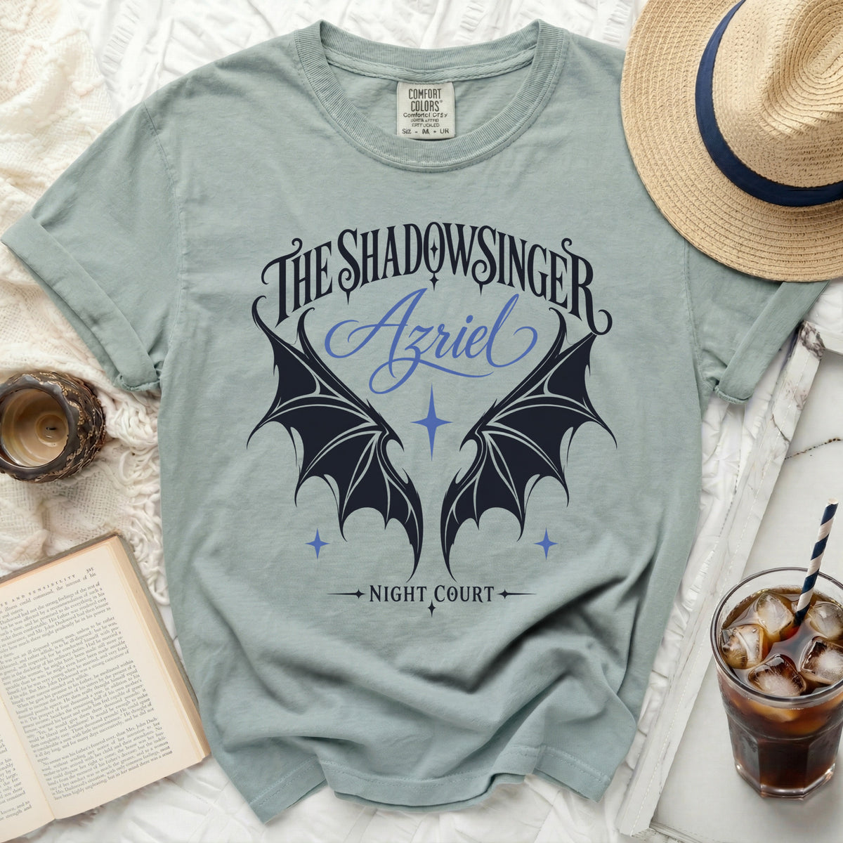 Sage t-shirt with "The Shadowsinger Azriel Night Court" text and wings.