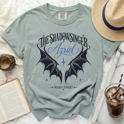 Sage t-shirt with "The Shadowsinger Azriel Night Court" text and wings.