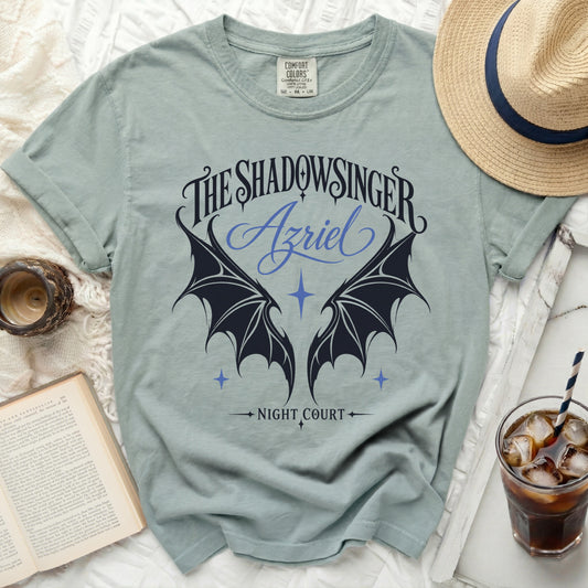 Sage t-shirt with "The Shadowsinger Azriel Night Court" text and wings.