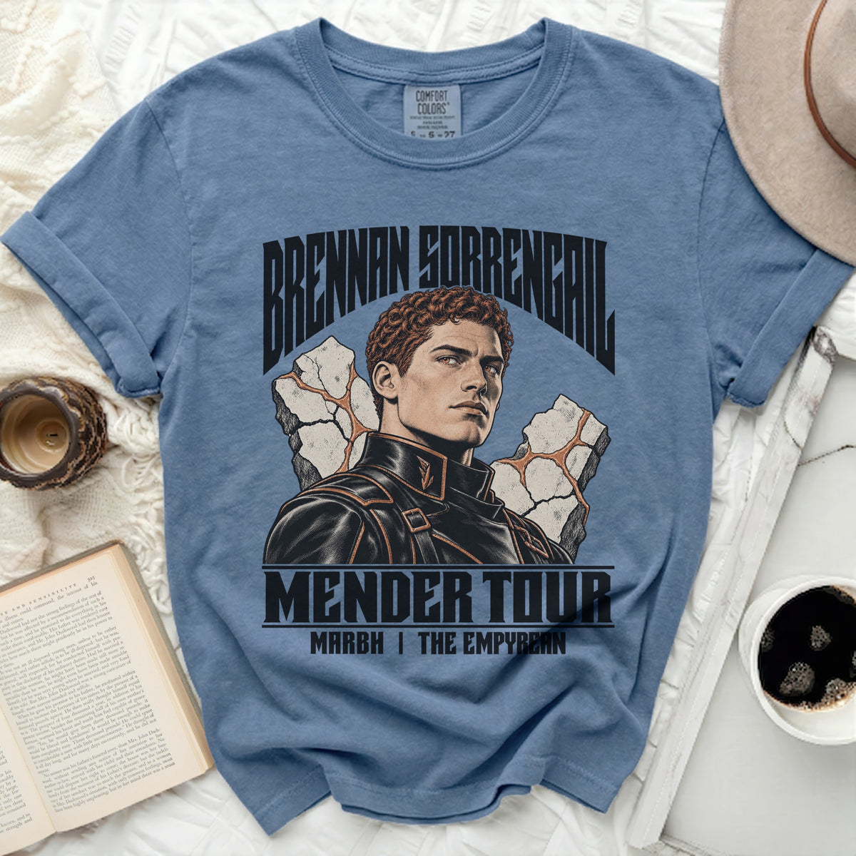 Blue t-shirt with "Brennan Sorrengail Mender Tour" graphic.