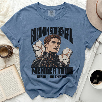 Blue t-shirt with "Brennan Sorrengail Mender Tour" graphic.