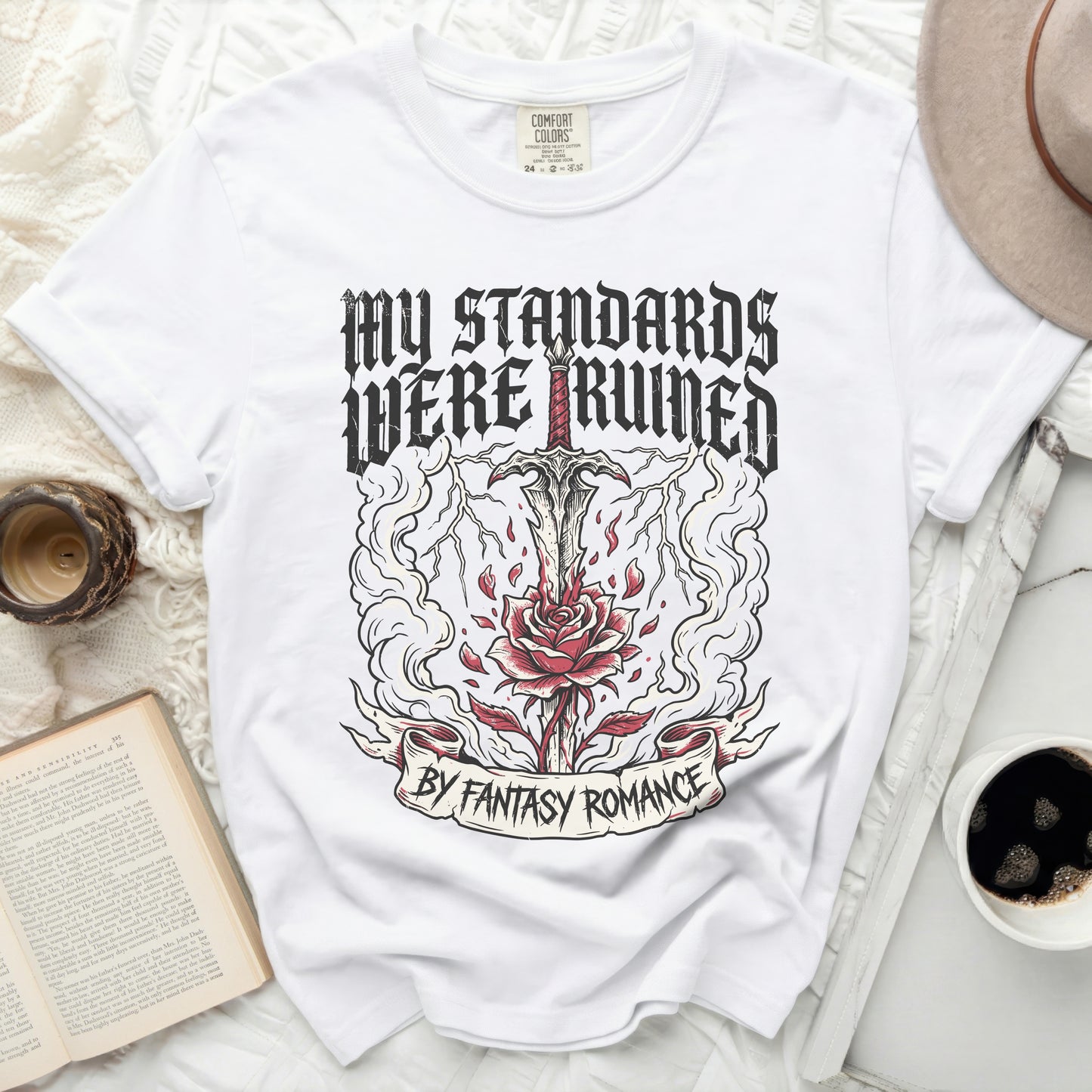 White t-shirt with "My Standards Were Ruined by Fantasy Romance" text.