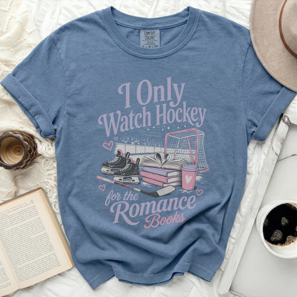 I Only Watch Hockey for Romance Tee in Blue Jean