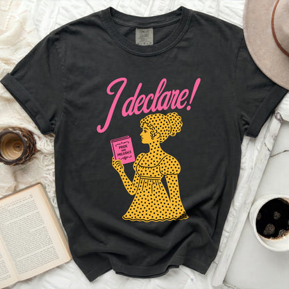 Black t-shirt with "I declare!" and Jane Austen figure.