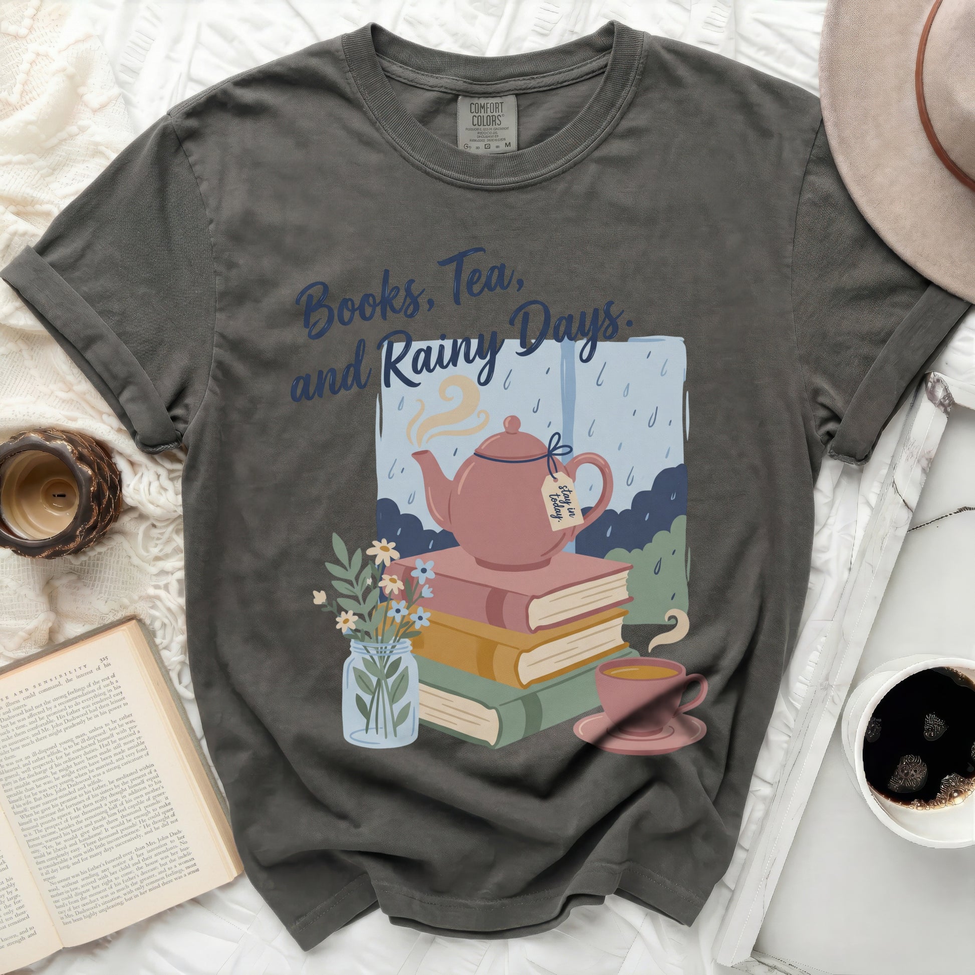Gray t-shirt with "Books, Tea, and Rainy Days" design.