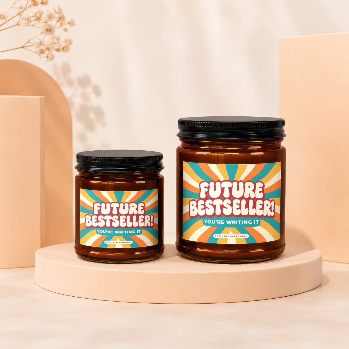 Two amber jars with black lids, labels read "FUTURE BESTSELLER! YOU'RE WRITING IT".