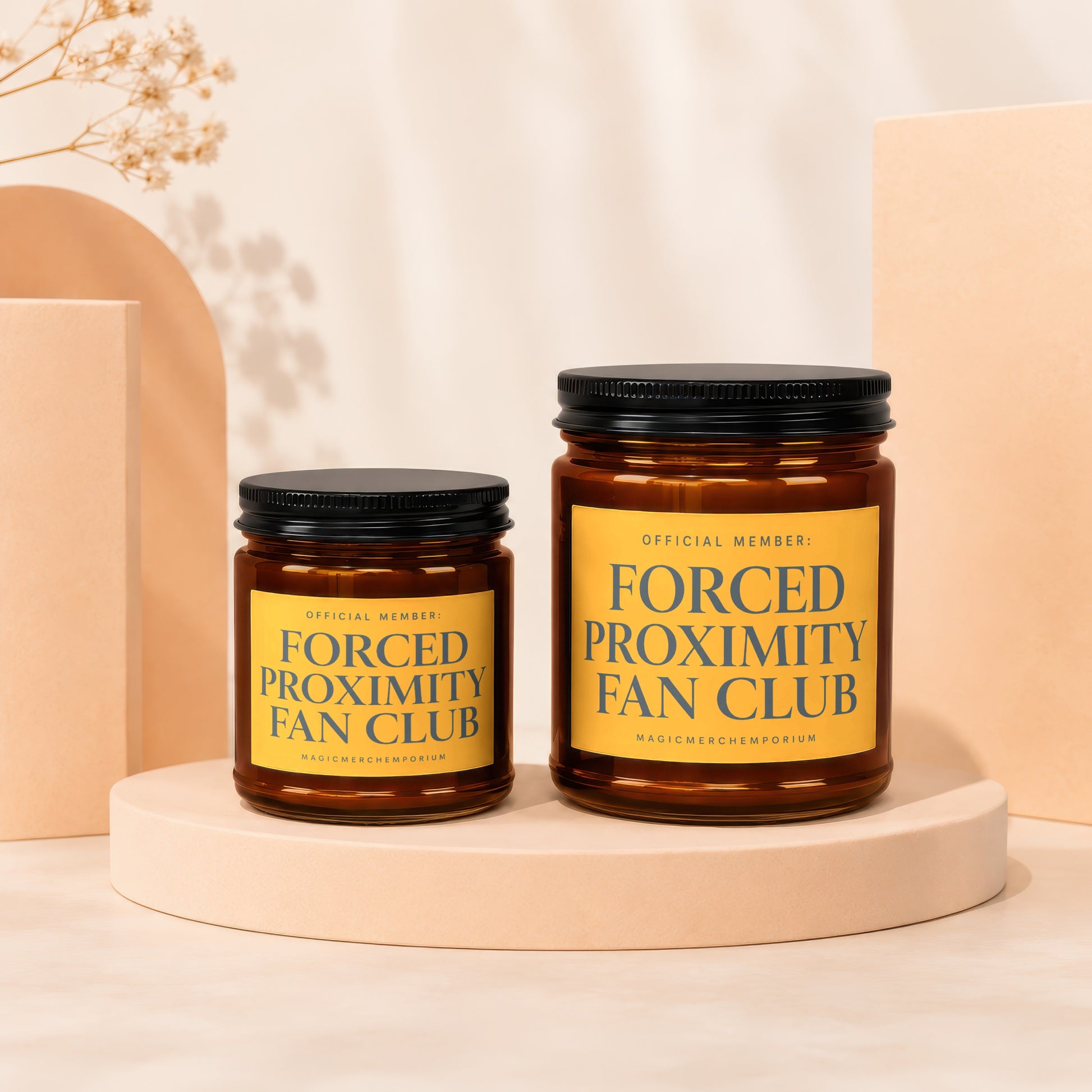Two amber jars with black lids sit on beige pedestals, each labeled "Forced Proximity Fan Club."