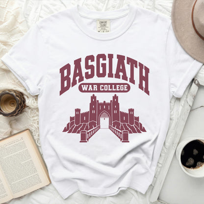 White t-shirt with maroon "BASGIATH WAR COLLEGE" text and castle graphic.