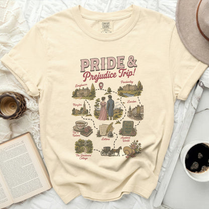 Pride & Prejudice Trip map with locations, couple, and book illustrations.