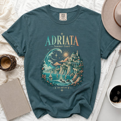 Teal t-shirt with "ADRIATA Summer Court" graphic and coastal landscape.