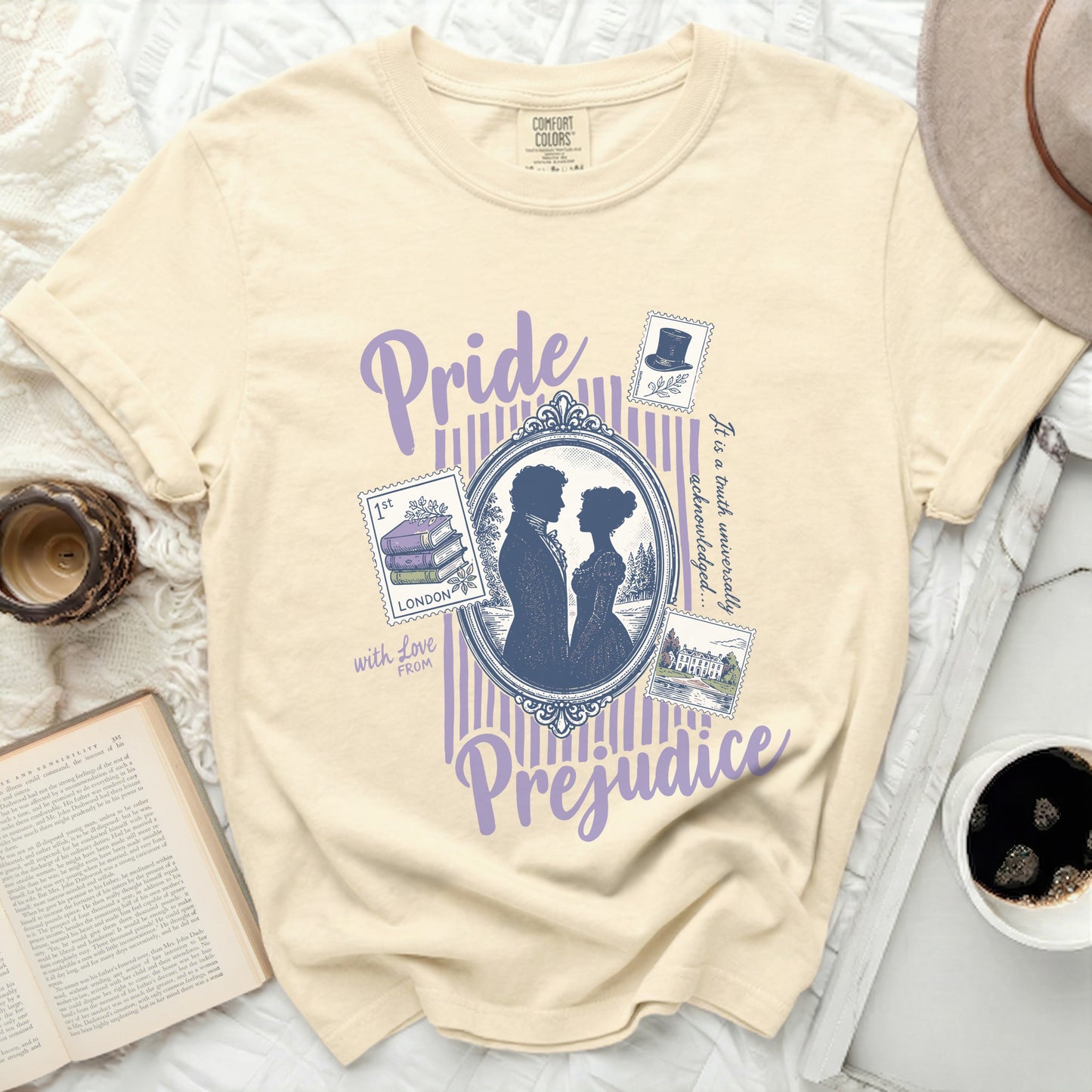 Cream t-shirt with Pride and Prejudice graphic and quotes from the book.