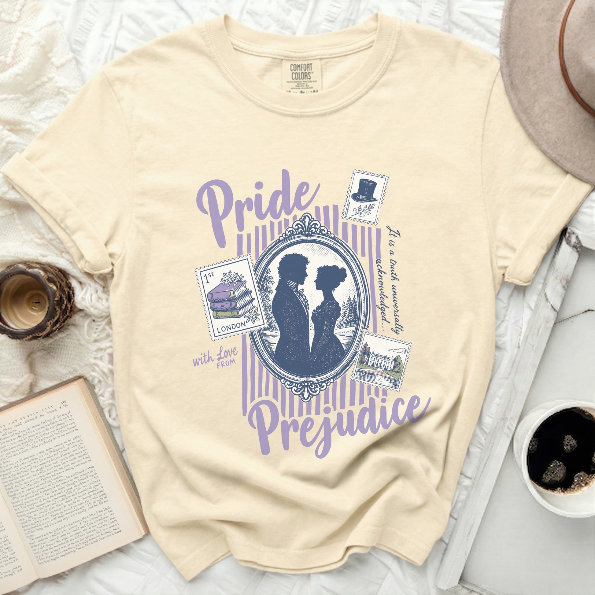 Cream t-shirt with Pride and Prejudice graphic and quotes from the book.