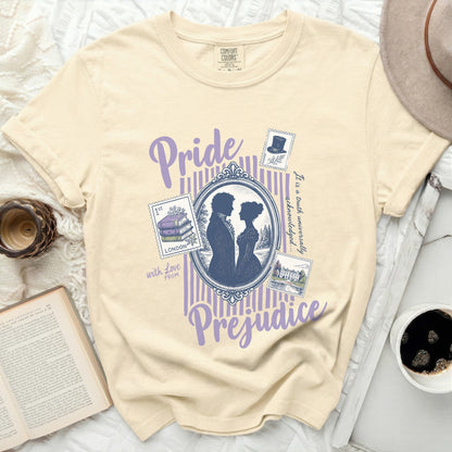 Cream t-shirt with Pride and Prejudice graphic and quotes from the book.