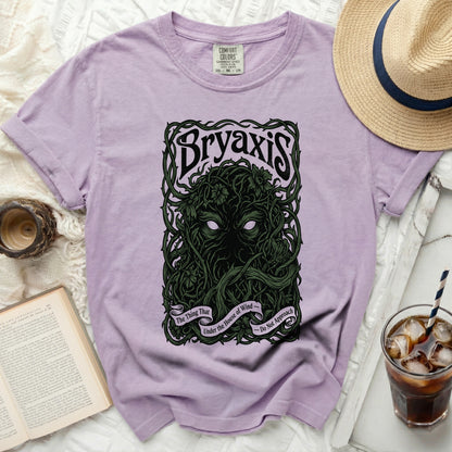 Lilac t-shirt with "Bryaxis The Thing That Under the House of Wind - Do Not Approach" graphic.
